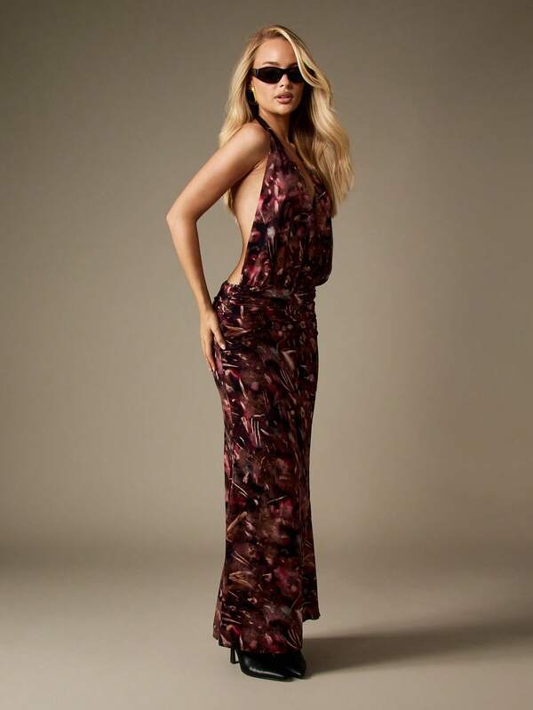 missguided MISSGUIDED Abstract Print Wrap Maxi Dress With Halter Neck