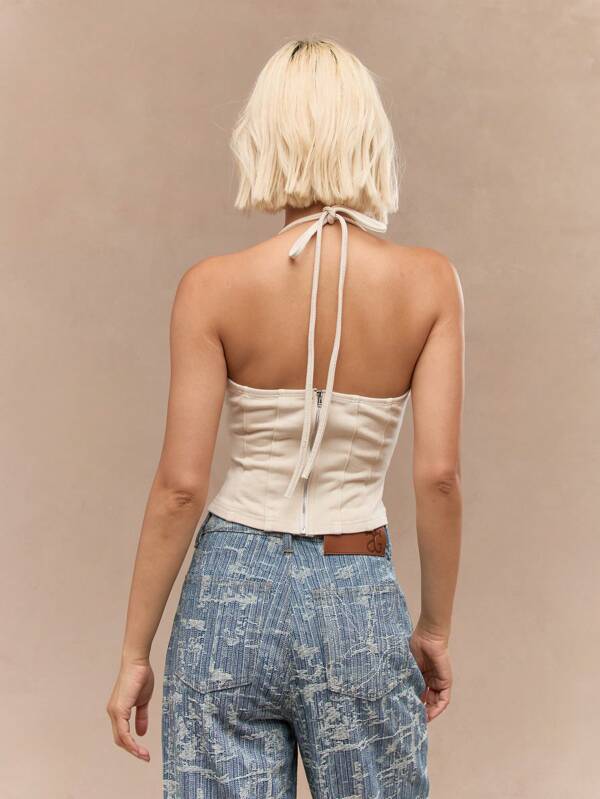 Missguided MISSGUIDED Acid Wash Boned Corset Halter Neck Back Zip Closure Top