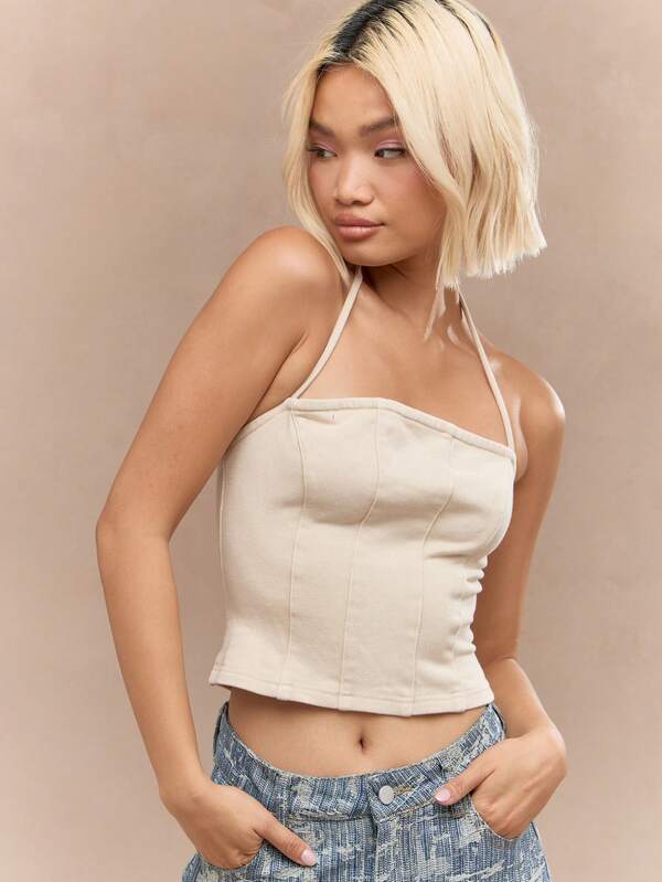 Missguided MISSGUIDED Acid Wash Boned Corset Halter Neck Back Zip Closure Top