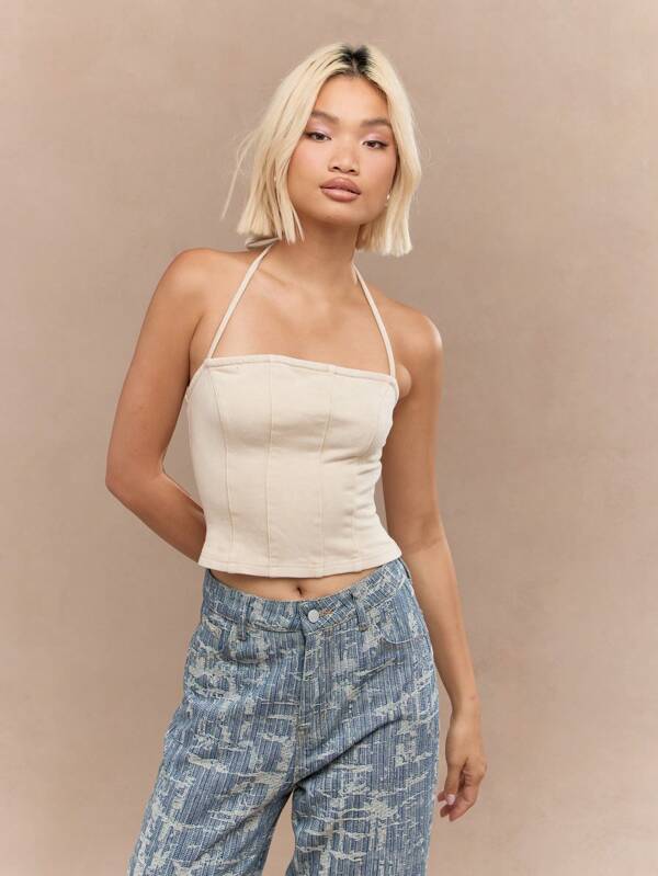 missguided MISSGUIDED Acid Wash Boned Corset Halter Neck Back Zip Closure Top