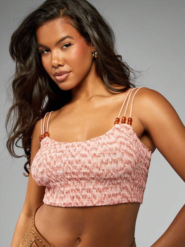 Missguided MISSGUIDED Adjustable Beaded Straps Smocked Crop Cami Tank Top