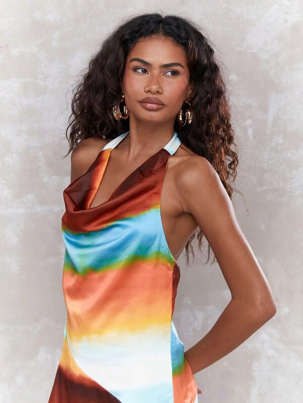 Missguided MISSGUIDED All Over Print Cowl Halter Neck Backless Mini Dress