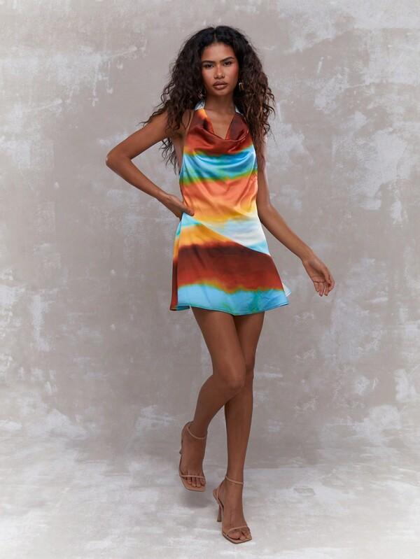 Missguided MISSGUIDED All Over Print Cowl Halter Neck Backless Mini Dress