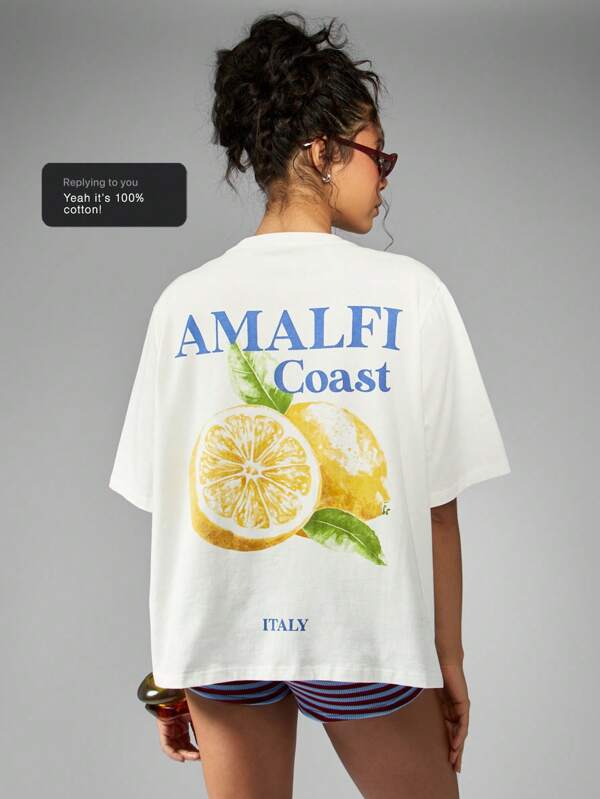 missguided MISSGUIDED Amalfi Coast Italian Lemon Print Oversized Cotton Jersey T-Shirt