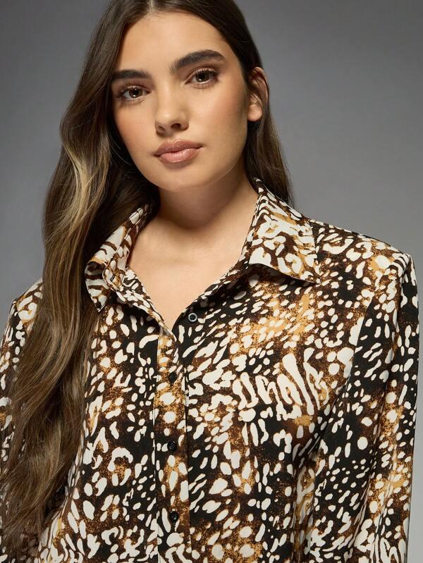 Missguided MISSGUIDED Animal Print Button-Down Long Sleeve Mini Shirt Dress