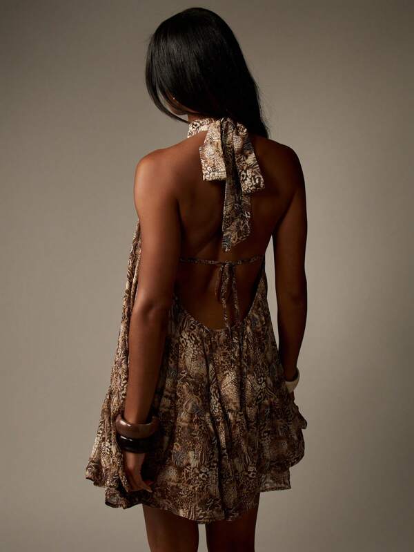 Missguided MISSGUIDED Animal Print Chiffon High Neck Mini Dress With Ruffle Details