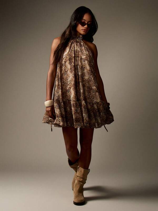 missguided MISSGUIDED Animal Print Chiffon High Neck Mini Dress With Ruffle Details