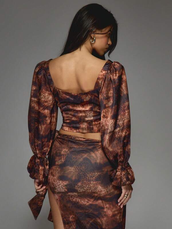 Missguided MISSGUIDED Animal Print Corset Blouse With Puff Sleeves And Lace Up Detail