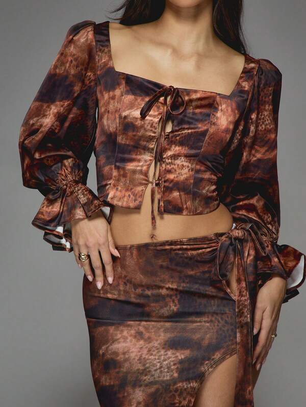 Missguided MISSGUIDED Animal Print Corset Blouse With Puff Sleeves And Lace Up Detail