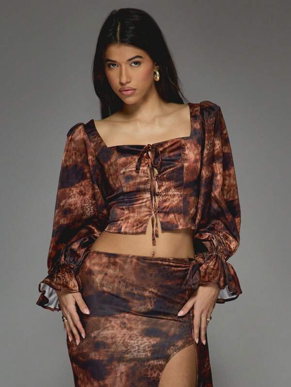 missguided MISSGUIDED Animal Print Corset Blouse With Puff Sleeves And Lace Up Detail