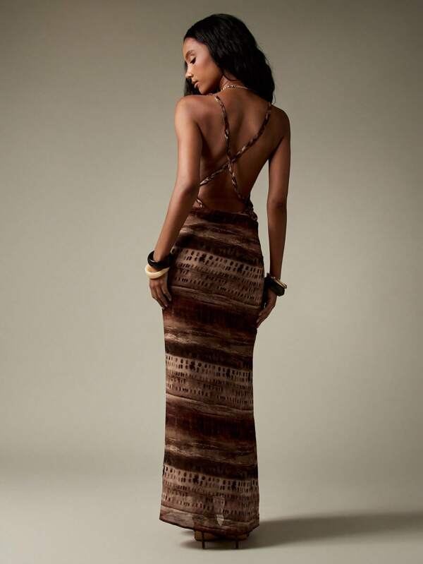 Missguided MISSGUIDED Animal Print Halter Deep V-Neck Backless Chiffon Maxi Dress