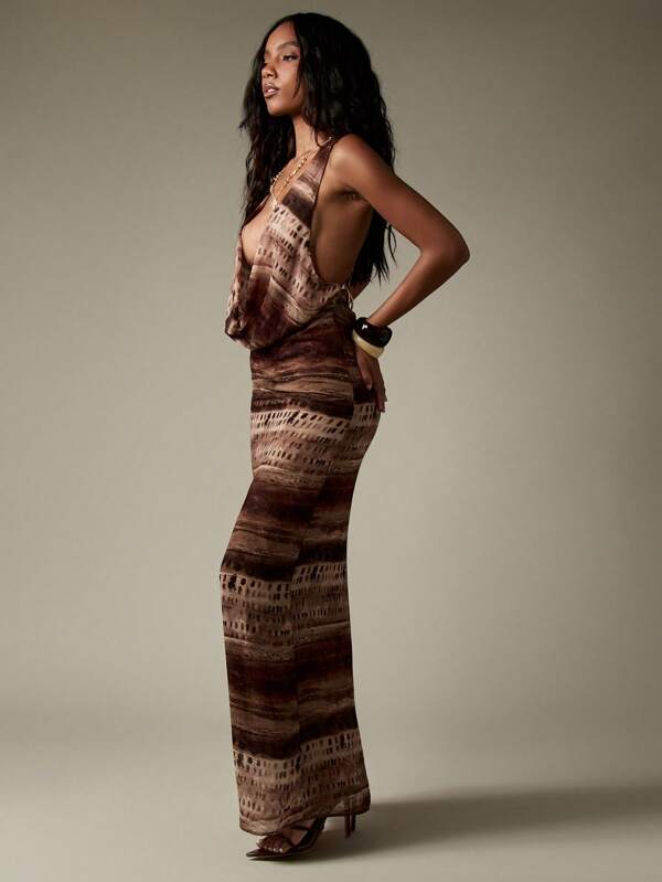 Missguided MISSGUIDED Animal Print Halter Deep V-Neck Backless Chiffon Maxi Dress