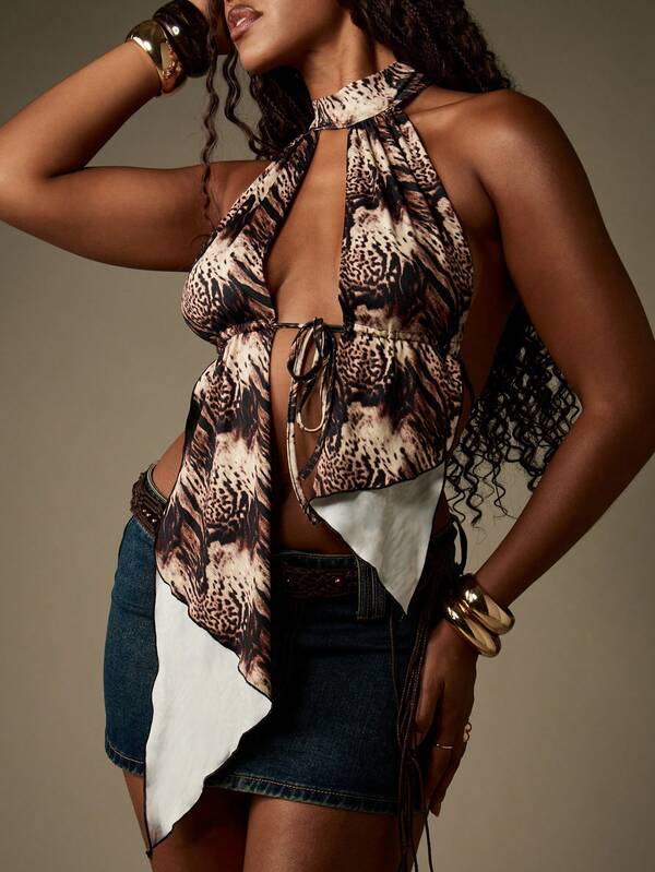 Missguided MISSGUIDED Animal Print Halter Neck Crop Top With Asymmetric Hem