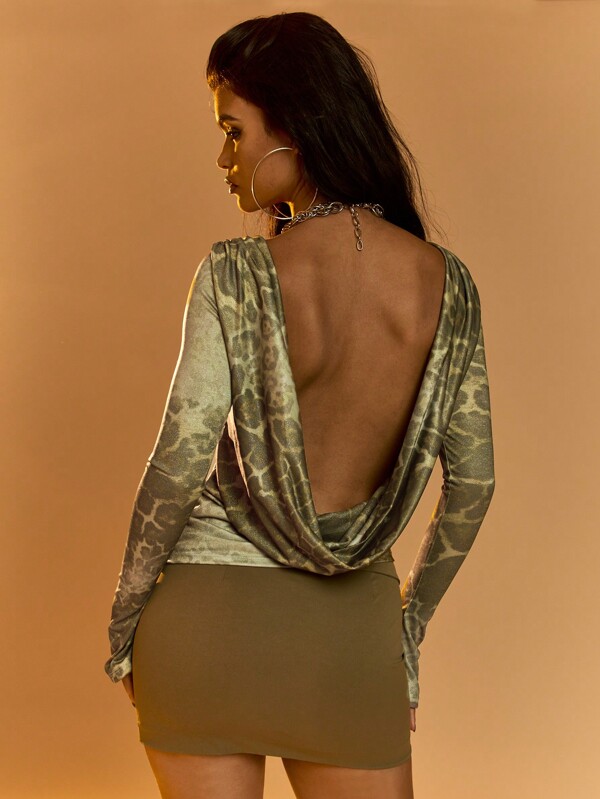Missguided MISSGUIDED Animal Print Low Cowl Backless Long Sleeves Top
