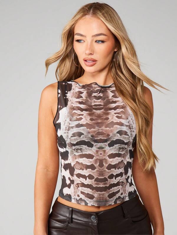 missguided MISSGUIDED Animal Print Mesh Crop Tank Top