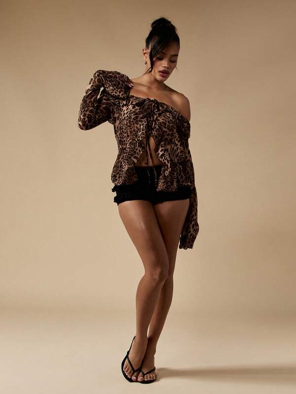 Missguided MISSGUIDED Animal Print Off Shoulder Long Sleeve Crop Blouse