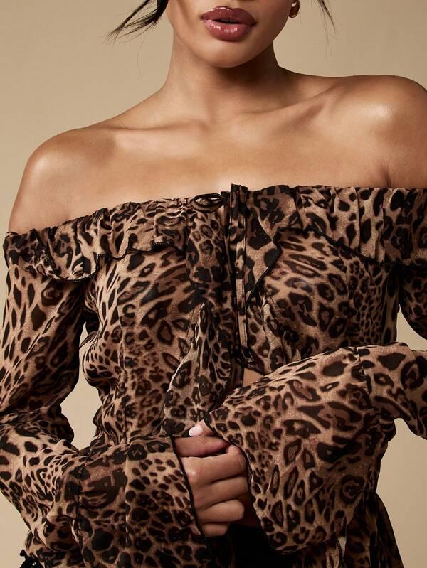 Missguided MISSGUIDED Animal Print Off Shoulder Long Sleeve Crop Blouse