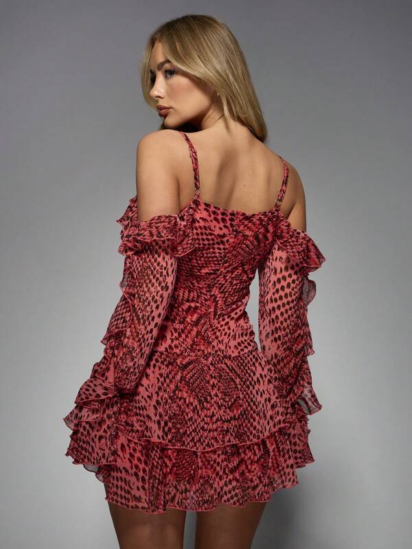 Missguided MISSGUIDED Animal Print Ruffle Off Shoulder Lace Up Mini Dress