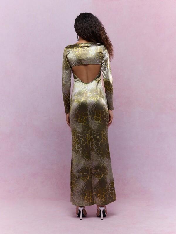 Missguided MISSGUIDED Animal Print Satin Cut-Out Long Sleeves Flared Hem Maxi Dress