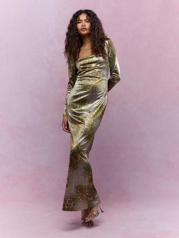 Missguided MISSGUIDED Animal Print Satin Cut-Out Long Sleeves Flared Hem Maxi Dress