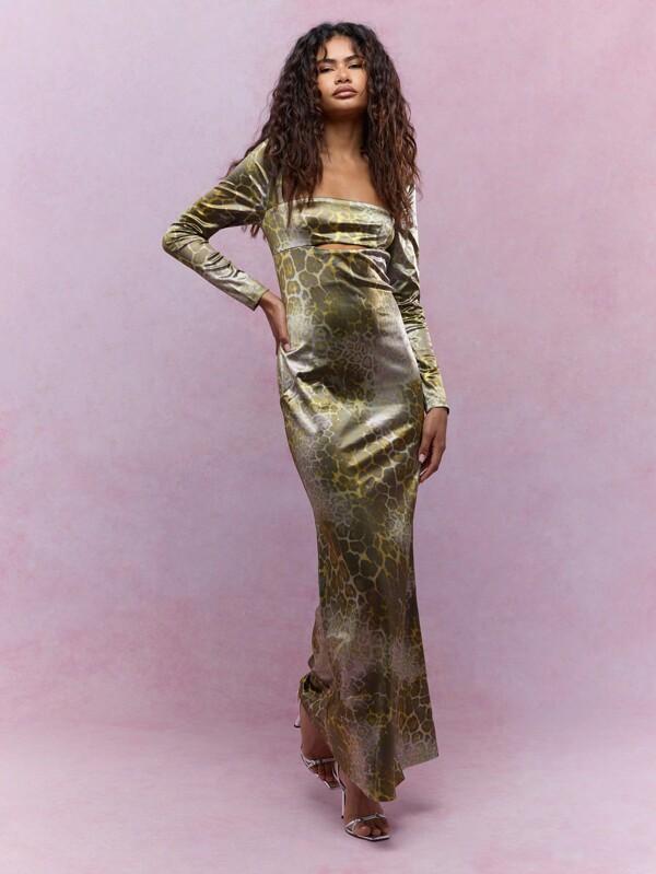 missguided MISSGUIDED Animal Print Satin Cut-Out Long Sleeves Flared Hem Maxi Dress