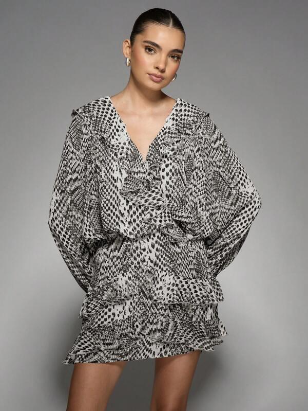 missguided MISSGUIDED Animal Print Wrap Mini Dress With Ruffles Long Bell Sleeves