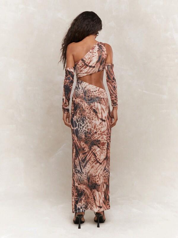 Missguided MISSGUIDED Asymmetric Animal Print Cut-Out Waist Thigh High Slit Dress