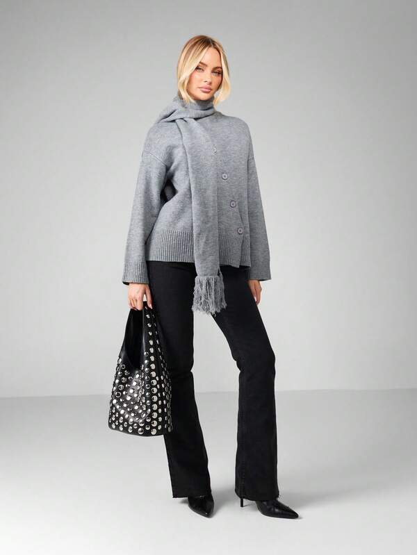 Missguided MISSGUIDED Asymmetric Button Cardigan With Scarf Detail