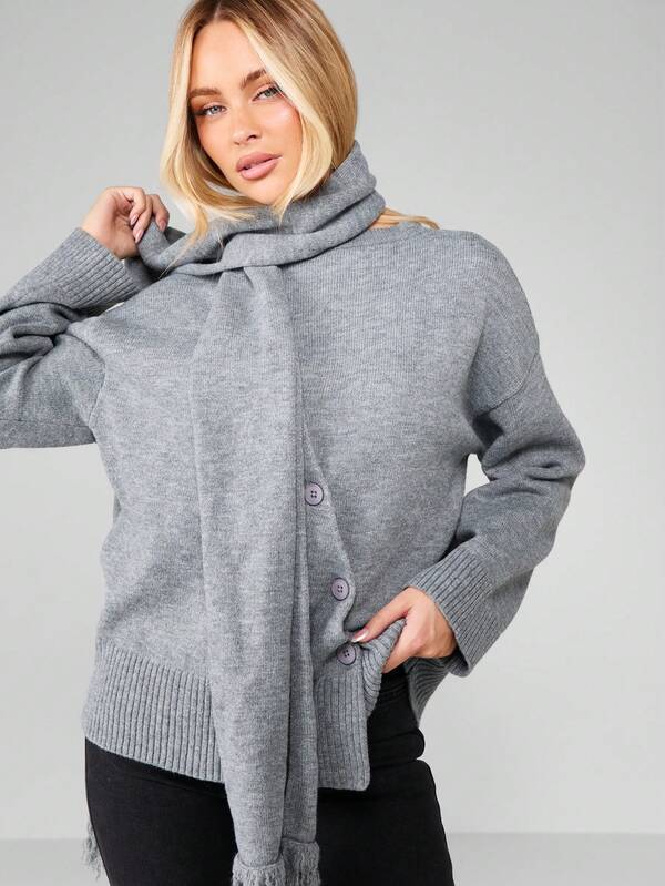 Missguided MISSGUIDED Asymmetric Button Cardigan With Scarf Detail