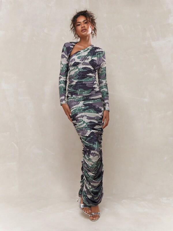 missguided MISSGUIDED Asymmetric Camouflage Print Long Sleeves Maxi Dress