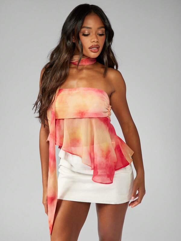 missguided MISSGUIDED Asymmetric Chiffon Ombre Bandeau Strapless Top With Neck Tie
