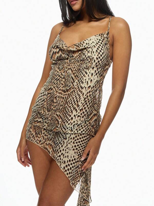 Missguided MISSGUIDED Asymmetric Cowl Neck Snake Print Bodycon Ruffle Side Drape Mini Dress