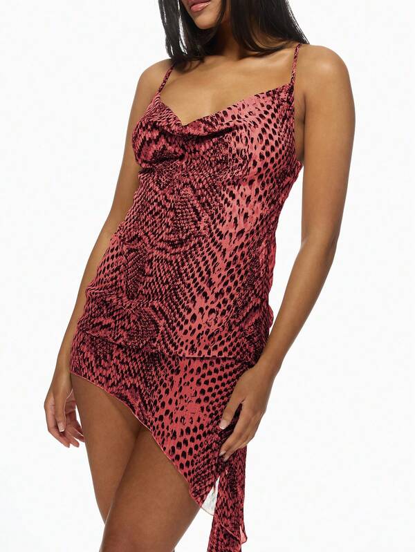 Missguided MISSGUIDED Asymmetric Cowl Neck Snake Print Side Drape Short Dress