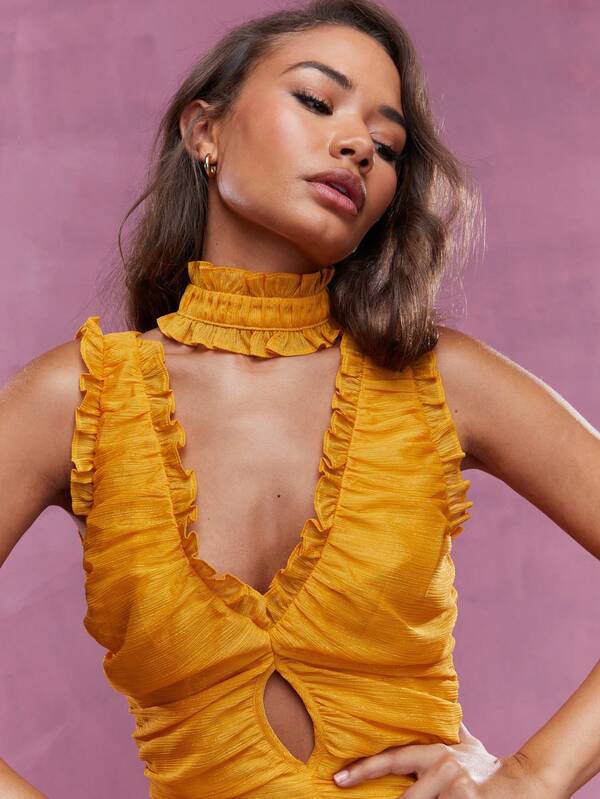 Missguided MISSGUIDED Asymmetric Crepe Frill Detail Ruched Bow Detail Mini Dress With Neck Scrunchie