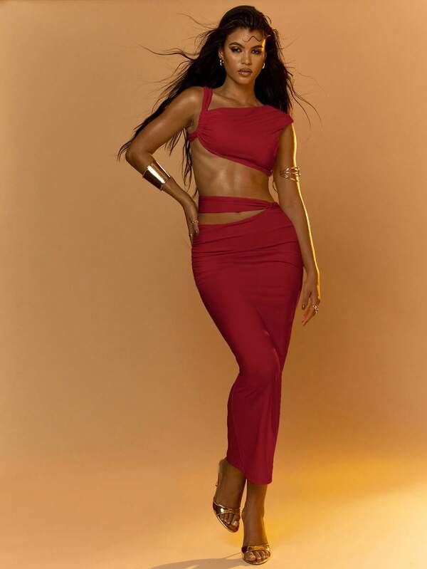 Missguided MISSGUIDED Asymmetric Crop Top And Midi Skirt With Cutout Detail