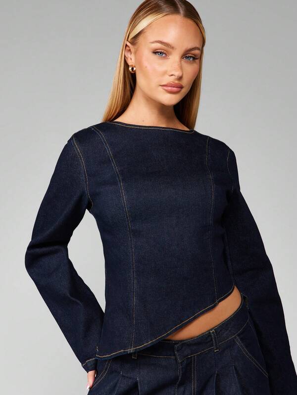 Missguided MISSGUIDED Asymmetric Cropped Denim Top With Back Zipper