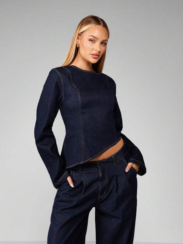 missguided MISSGUIDED Asymmetric Cropped Denim Top With Back Zipper