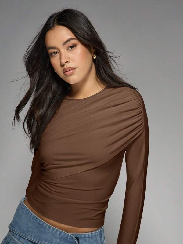 Missguided MISSGUIDED Asymmetric Draped Long Sleeve Crop Top Women Tops