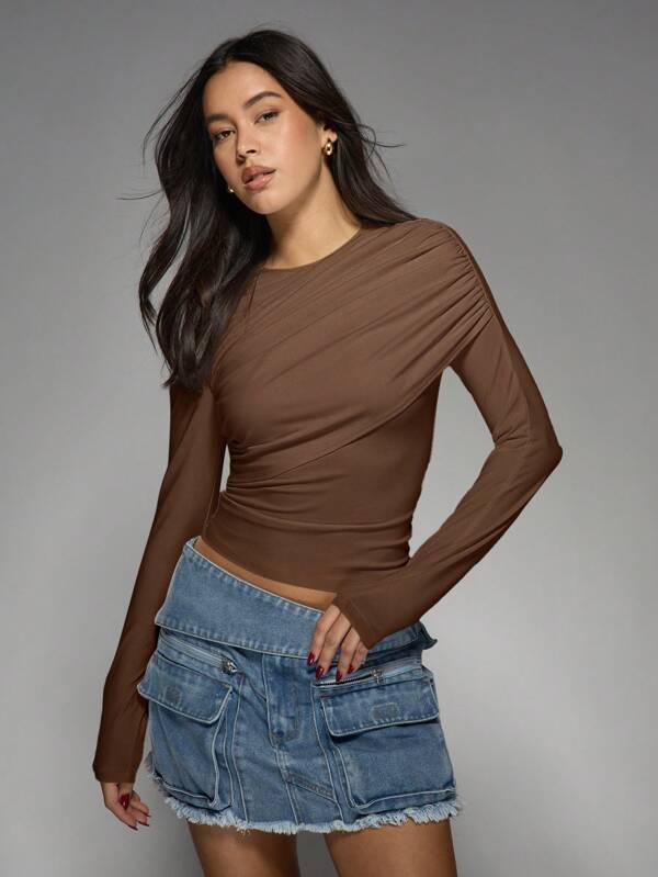 missguided MISSGUIDED Asymmetric Draped Long Sleeve Crop Top Women Tops