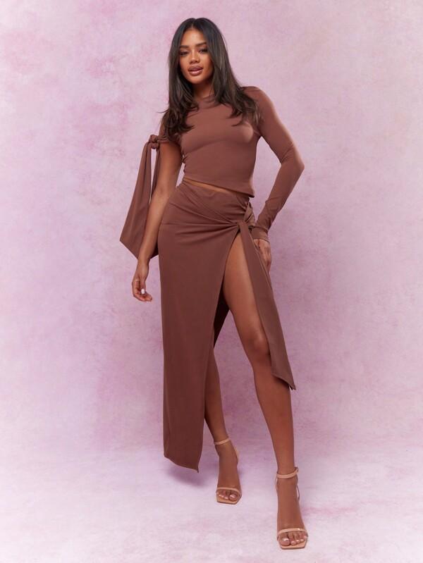 missguided MISSGUIDED Asymmetric Jersey One-Sleeve Maxi Slit Two-Piece Outfit