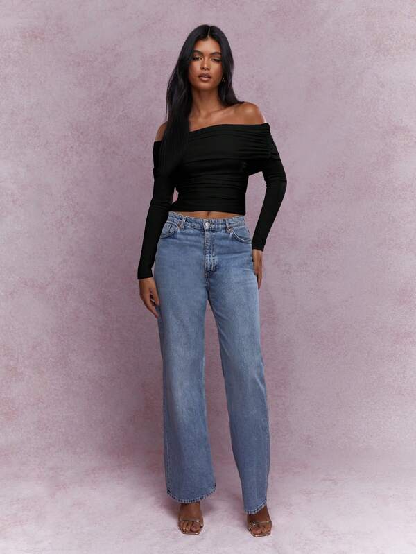 Missguided MISSGUIDED Asymmetric Jersey Ruched One Shoulder Long Sleeves Top