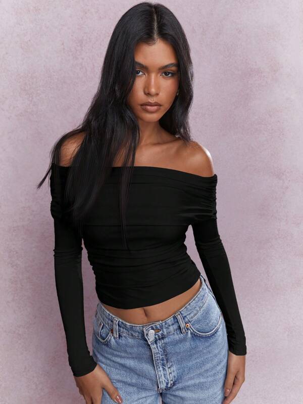 missguided MISSGUIDED Asymmetric Jersey Ruched One Shoulder Long Sleeves Top