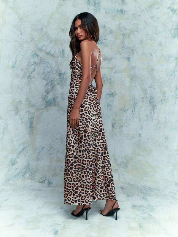 Missguided MISSGUIDED Asymmetric Leopard Print Satin One Shoulder Backless Slit Hem Maxi Dress
