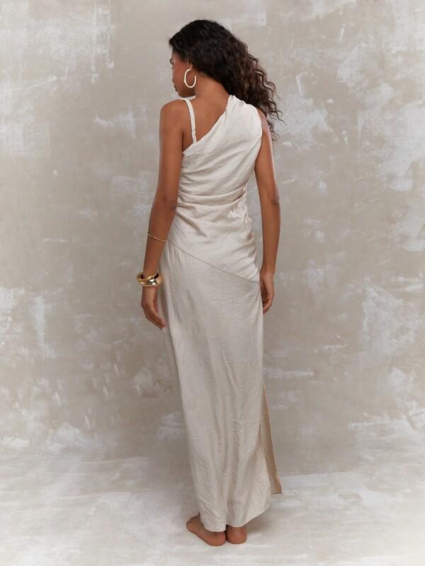 Missguided MISSGUIDED Asymmetric Linen One Shoulder Side Ruched Maxi Dress
