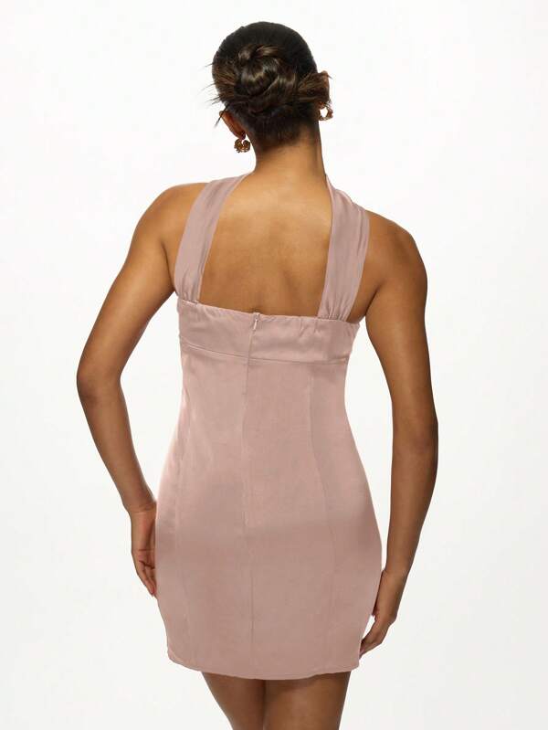 Missguided MISSGUIDED Asymmetric Neck Tie Bandeau Satin Bodycon Mini Dress