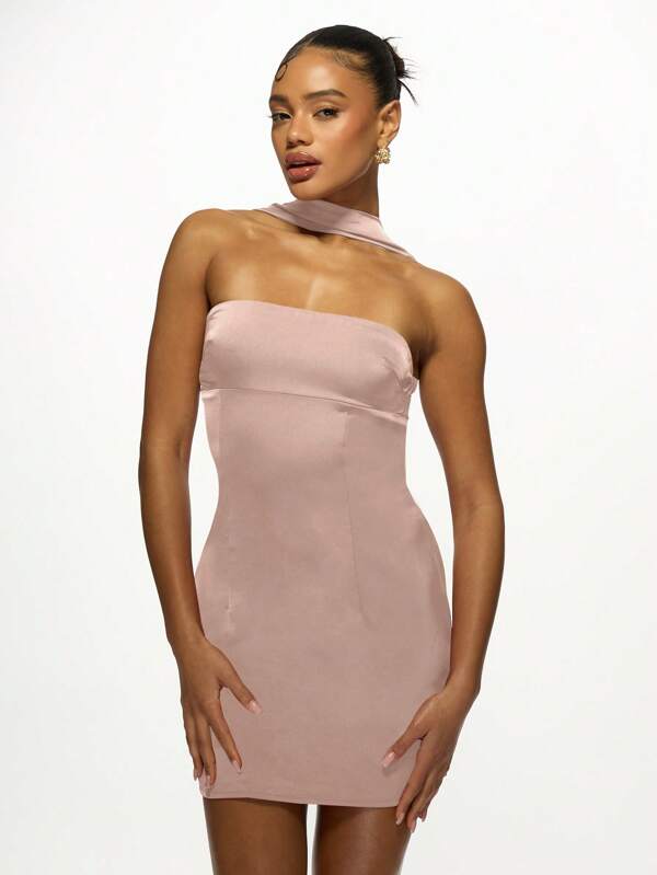 missguided MISSGUIDED Asymmetric Neck Tie Bandeau Satin Bodycon Mini Dress