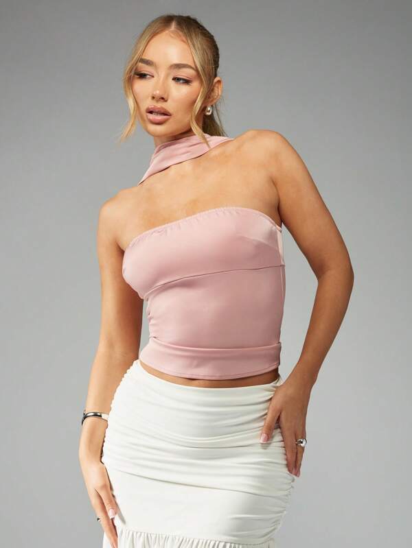 missguided MISSGUIDED Asymmetric One Shoulder Choker Satin Crop Top