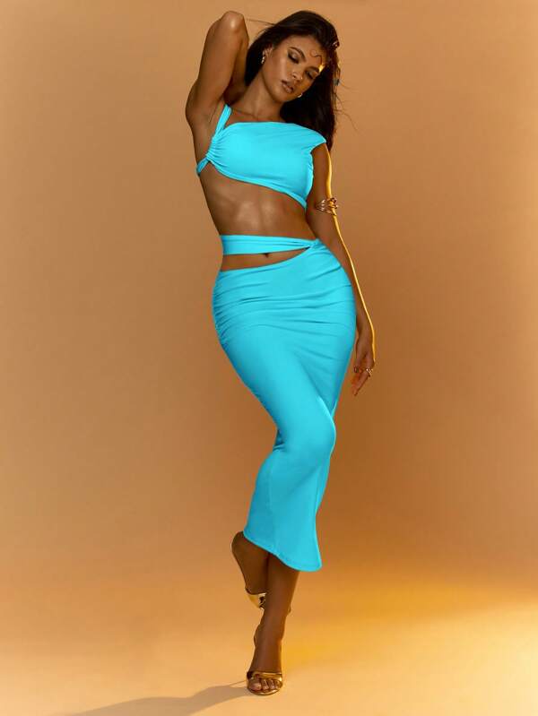 missguided MISSGUIDED Asymmetric One Shoulder Crop Top Midi Skirt Cutout Waist Two-Piece Outfits