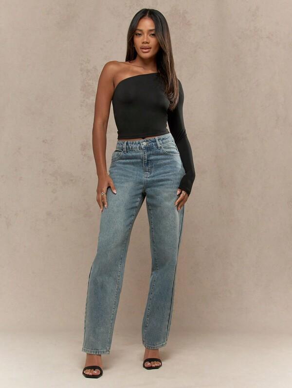 Missguided MISSGUIDED Asymmetric One Shoulder Crop Top With Long Sleeve