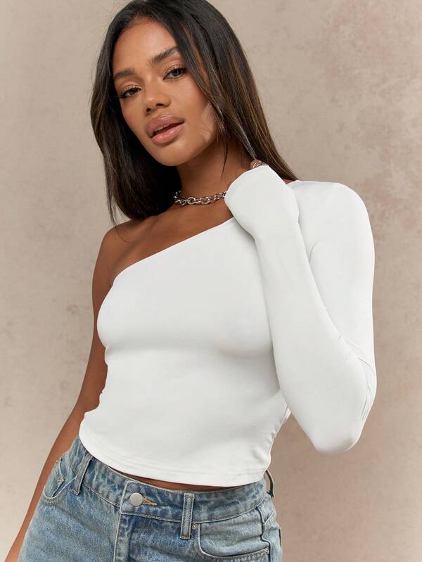 Missguided MISSGUIDED Asymmetric One Shoulder Crop Top With Long Sleeve